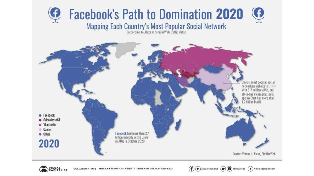 2008 ve 2020 Yıllarında Ülkelere Göre En Popüler Sosyal Medya Platformlarını Gösteren Harita