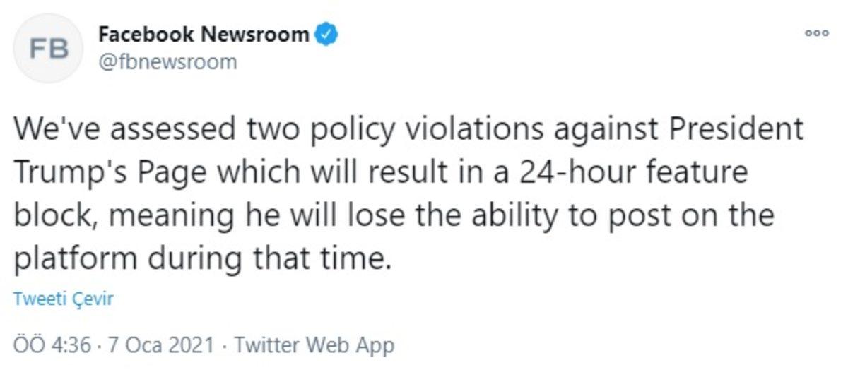 Donald Trump; Twitter’da 12, Facebook ve Instagram’da 24 Saatliğine Engellendi