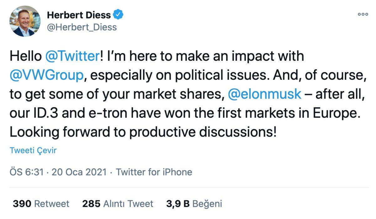 Volkswagen CEO’su Herbert Diess’ten Elon Musk’a Gönderme