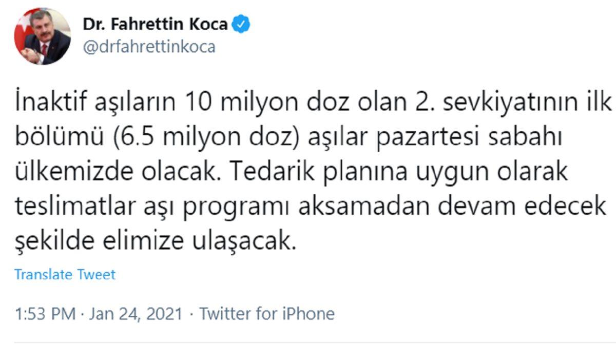 Sağlık Bakanı Fahrettin Koca, 6.5 Milyon Doz Aşının Ne Zaman Geleceğini Açıkladı