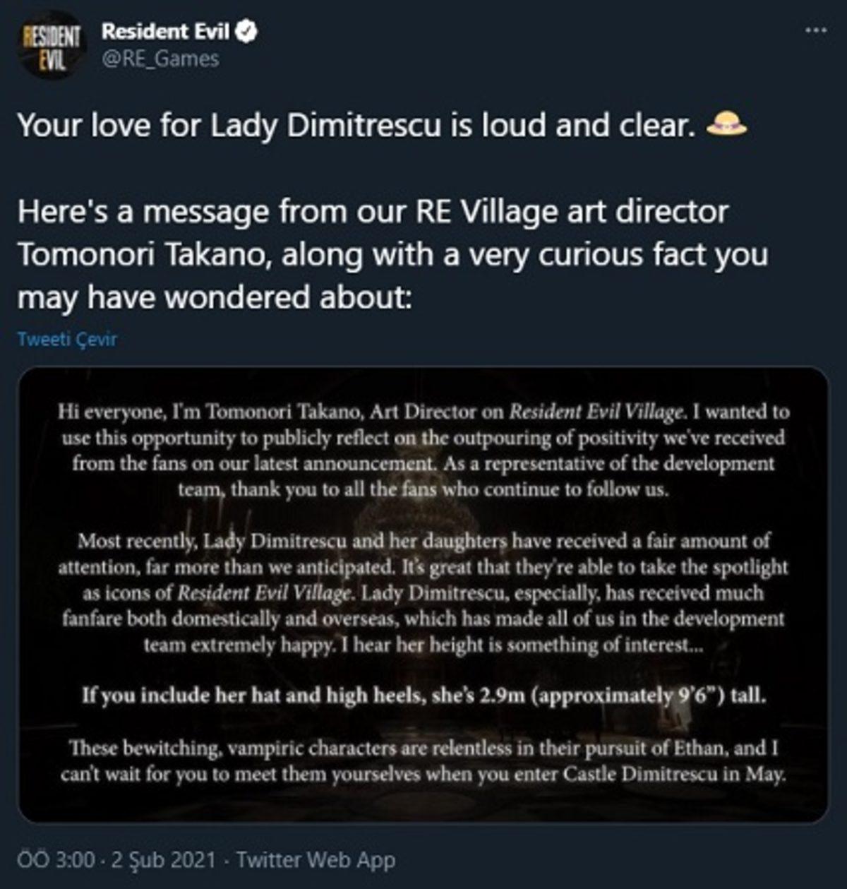 Resident Evil Village’ın Dev Kadını Lady Dimitrescu’nun Boyu Açıklandı