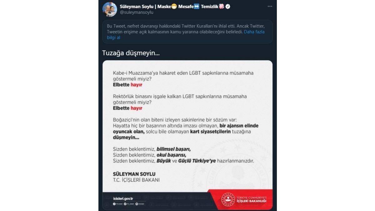 Twitter, İçişleri Bakanı Süleyman Soylu’nun Tweetini İkinci Kez Engelledi