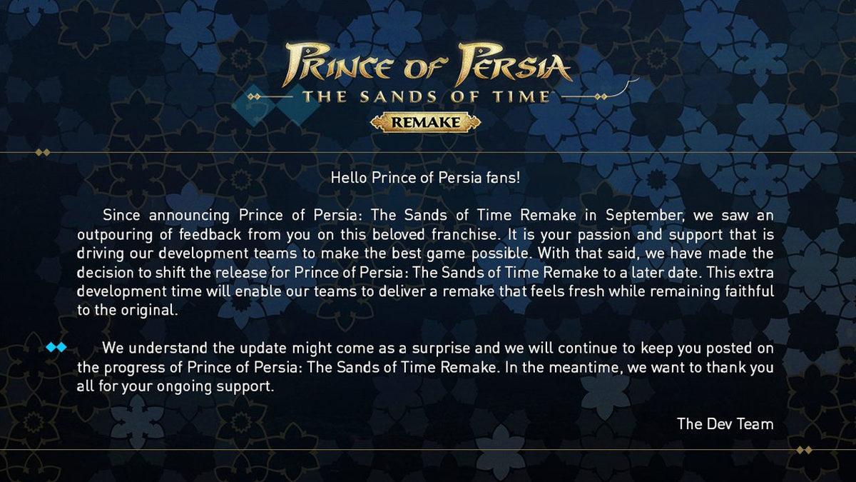 Prince of Persia: Sands of Time Remake, Süresiz Bir Şekilde Ertelendi