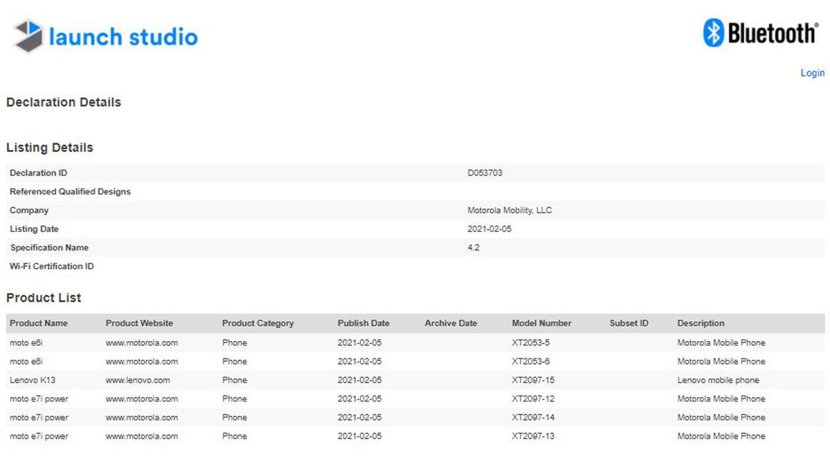 Lenovo K13, Moto E7i Power ve Moto E6i Bluetooth SIG’de Ortaya Çıktı