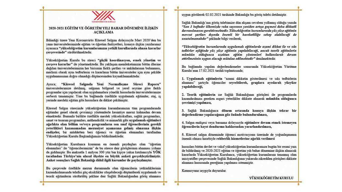 YÖK, 2020-2021 Eğitim ve Öğretim Yılı Bahar Dönemine İlişkin Beklenen Açıklamayı Yaptı