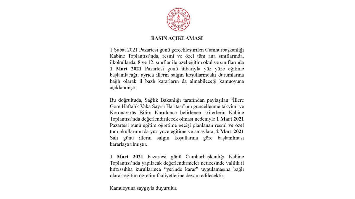Milli Eğitim Bakanlığı’ndan Yüz Yüze Eğitimle İlgili Yeni Açıklama