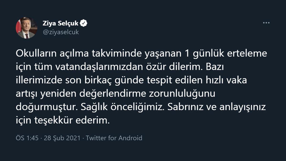 Milli Eğitim Bakanı Ziya Selçuk, 1 Günlük Erteleme İçin Özür Diledi