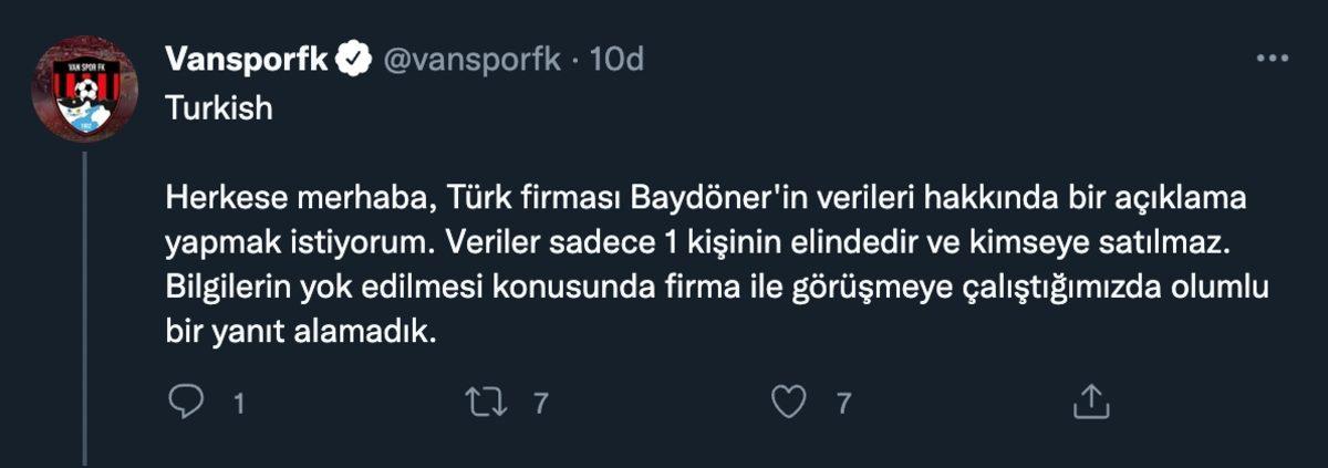 Van Spor’un Twitter Hesabını Ele Geçiren Hackerlar, Baydöner’in Verilerine Sahip Olduklarını İddia Etti