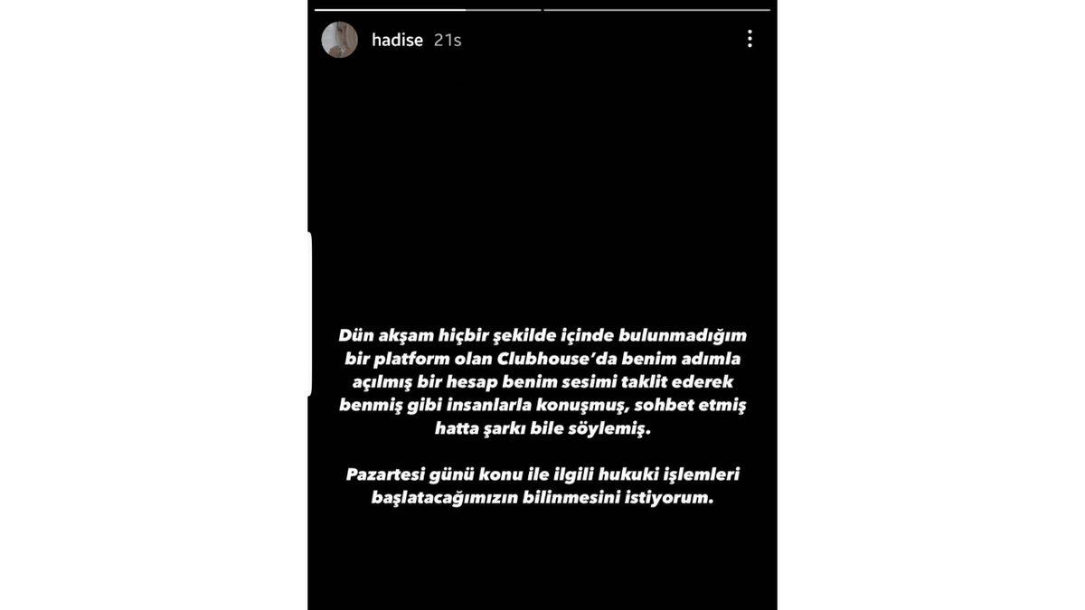 Clubhouse’da Sesini Taklit Eden Kişi Hakkında Konuşan Şarkıcı Hadise: Hukuki İşlem Başlatacağım