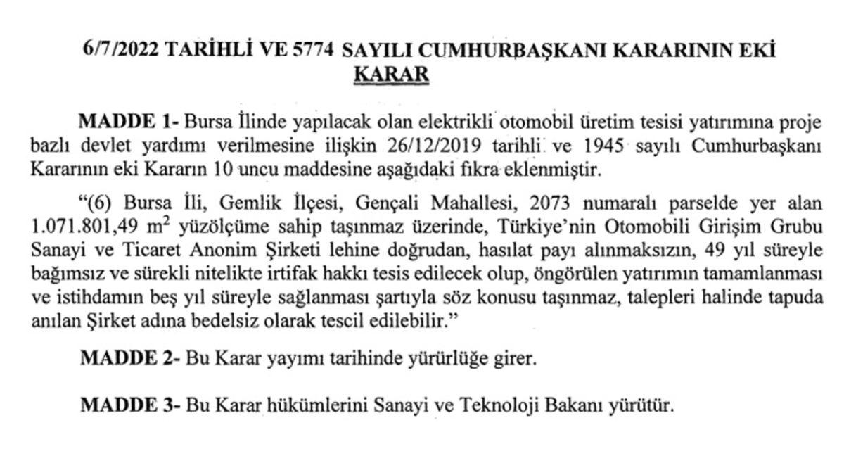 TOGG’a Bir Maddi Destek Daha: Fabrika Arazisi, 1 Kuruş Alınmadan ’Hibe’ Edilecek!