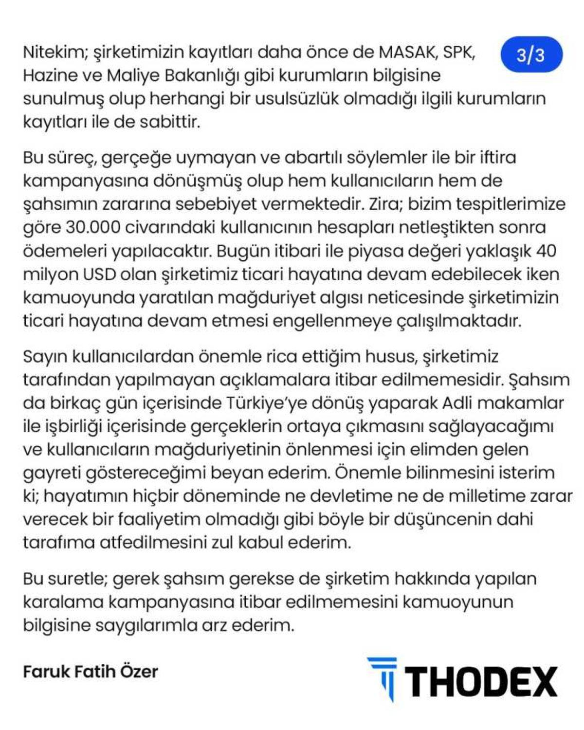 Thodex CEO’sundan Resmi Açıklama: Ortaya Atılan Tüm İddialar Asılsızdır