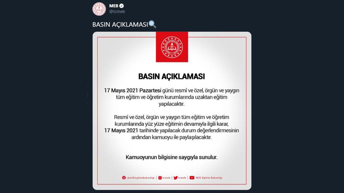 MEB, 17 Mayıs Pazartesi Günü Tüm Okullarda Uzaktan Eğitimin Yapılacağını Açıkladı