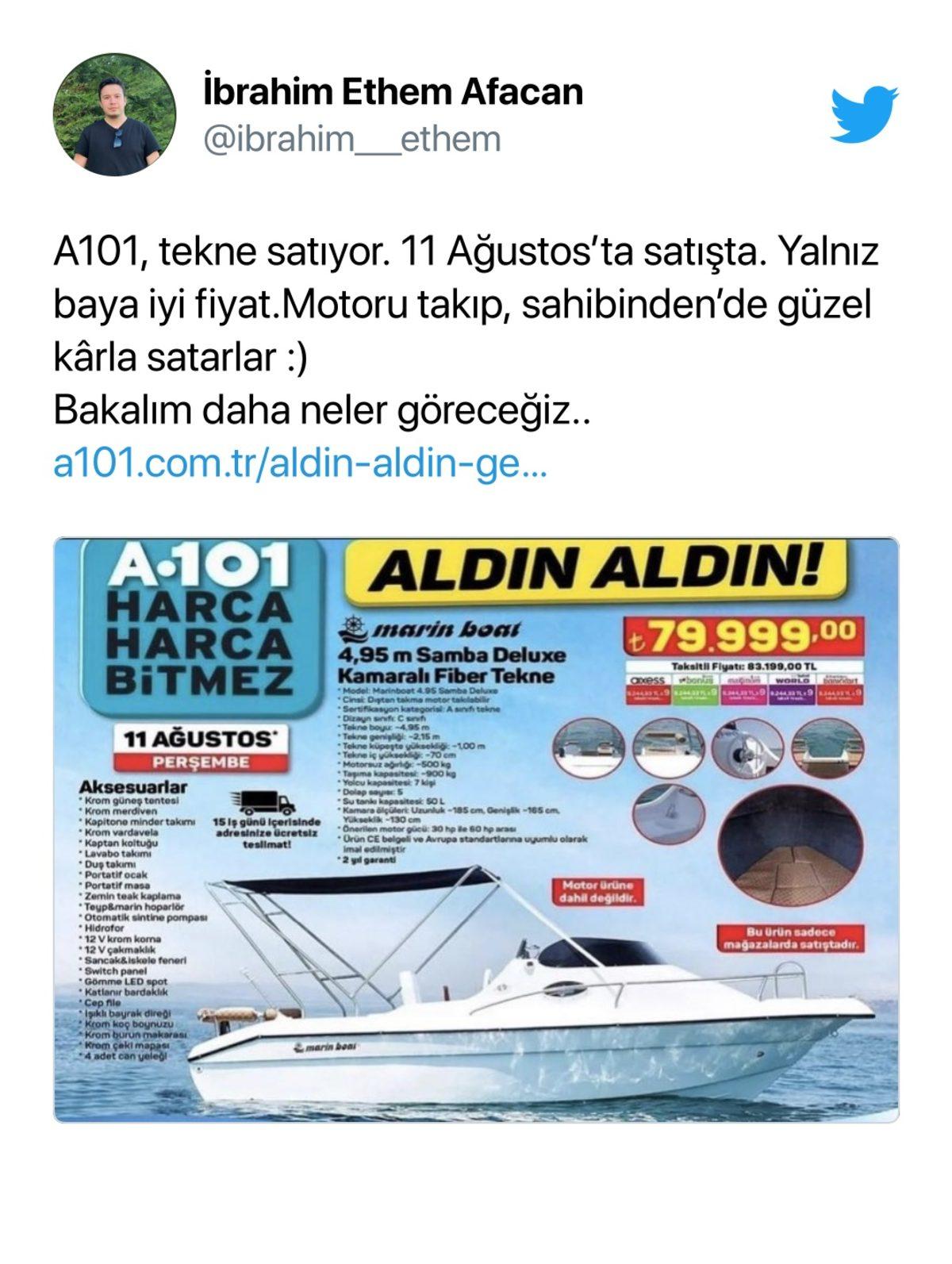 A101’in 80 Bin TL’lik Tekne Satması Sosyal Medyada Gündem Oldu (Tekne Var Ama Gitmiyor...)