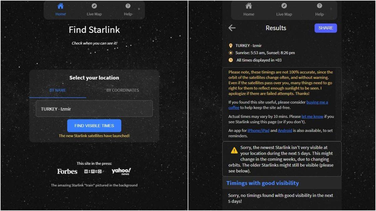 Starlink Uydularının Türkiye’de Hangi Şehirde, Saat Kaçta Görüneceğini Gösteren Site