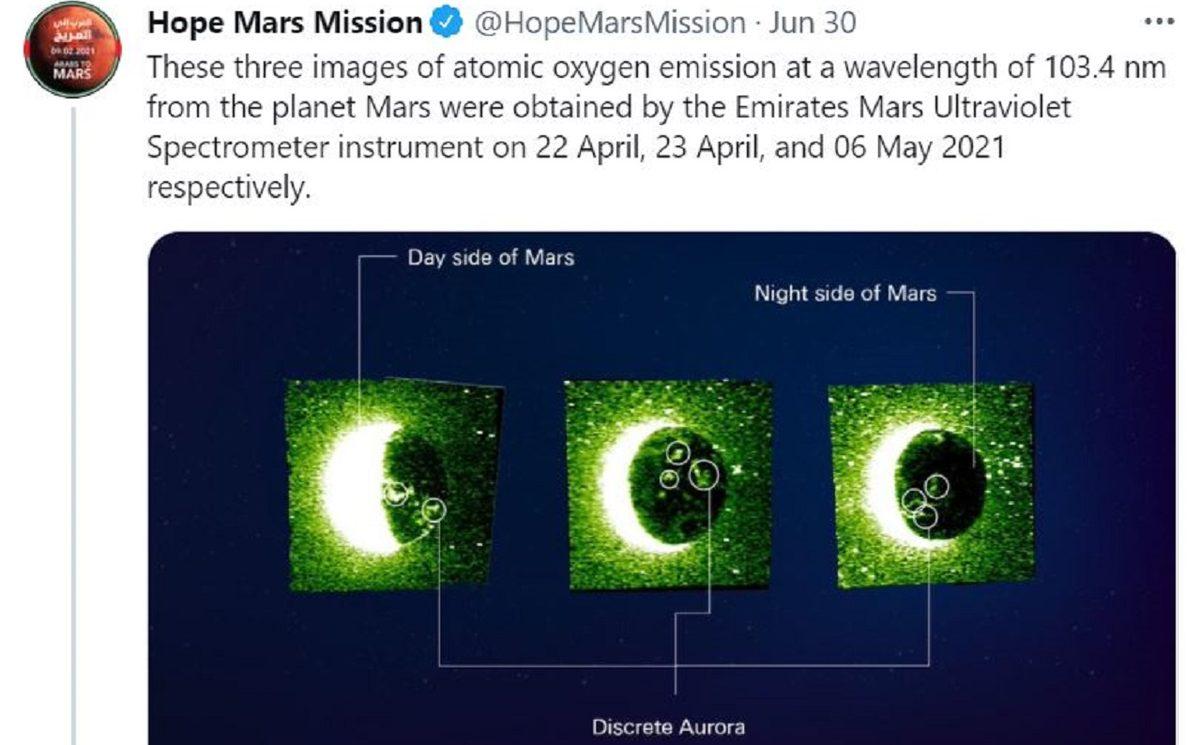 BAE’nin Uzay Aracı Hope, Mars’ın Kuzey Işıklarını Görüntüledi