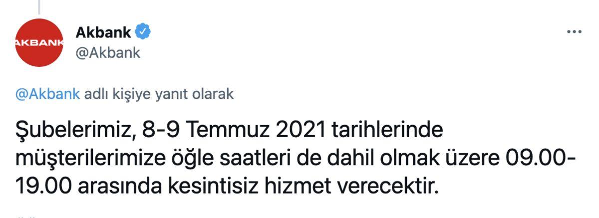 SON DAKİKA: Akbank, Bugün ve Yarın Öğle Tatili Olmaksızın Sabah 9’dan Akşam 7’ye Hizmet Verecek