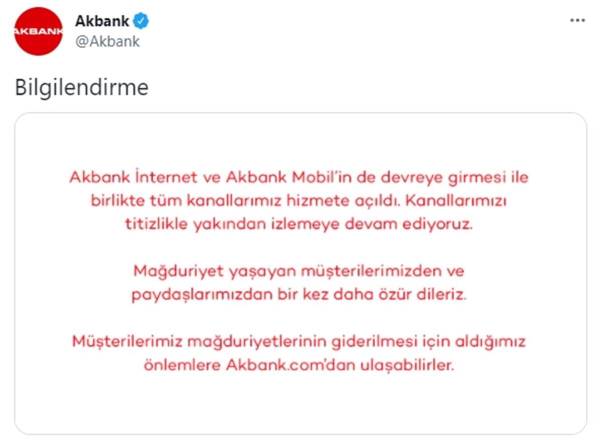 SON DAKİKA: Akbank, Bugün ve Yarın Öğle Tatili Olmaksızın Sabah 9’dan Akşam 7’ye Hizmet Verecek