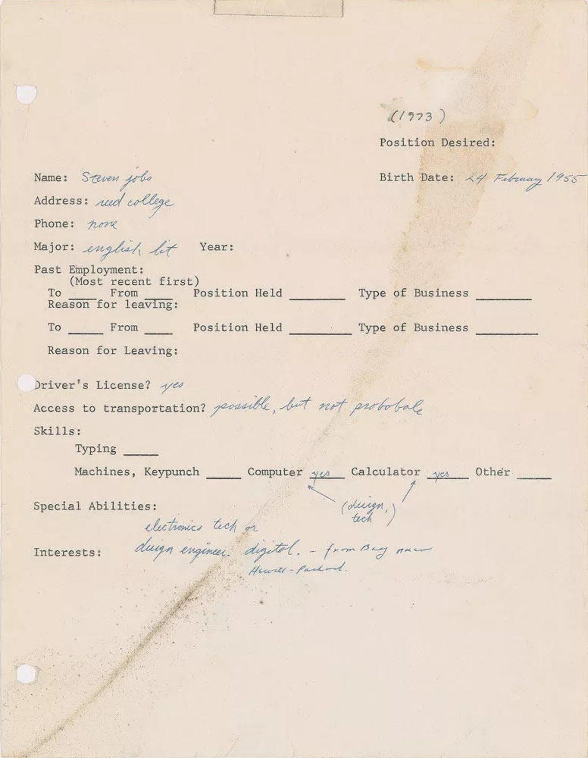 Apple Kurucusu Steve Jobs’un 48 Yıllık El Yazması İş Başvurusu, Açık Artırmada Satışa Sunuldu