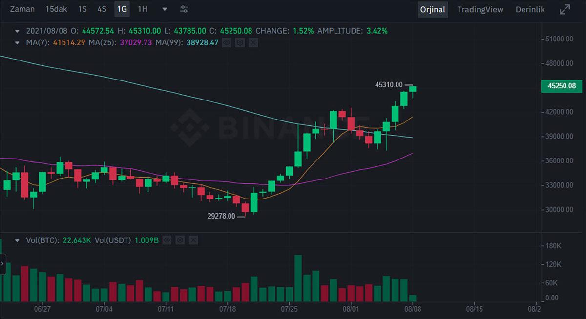 Bitcoin, Mayıs Ayından Bu Yana İlk Kez 45 Bin Doların Üstüne Çıktı