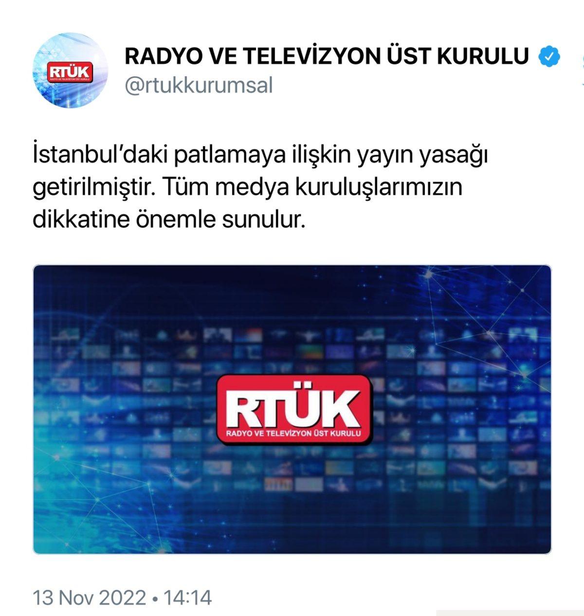 RTÜK’ten Taksim’deki Patlama Hakkında Yayın Yasağı: Olumsuz Paylaşımlar Hakkında Soruşturma Başlatıldı