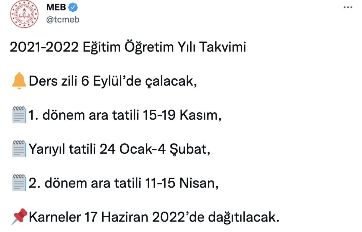 MEB, 2021-22 Takvimini Açıkladı: İşte Yarıyıl Tatili ve Karne Günü Tarihleri