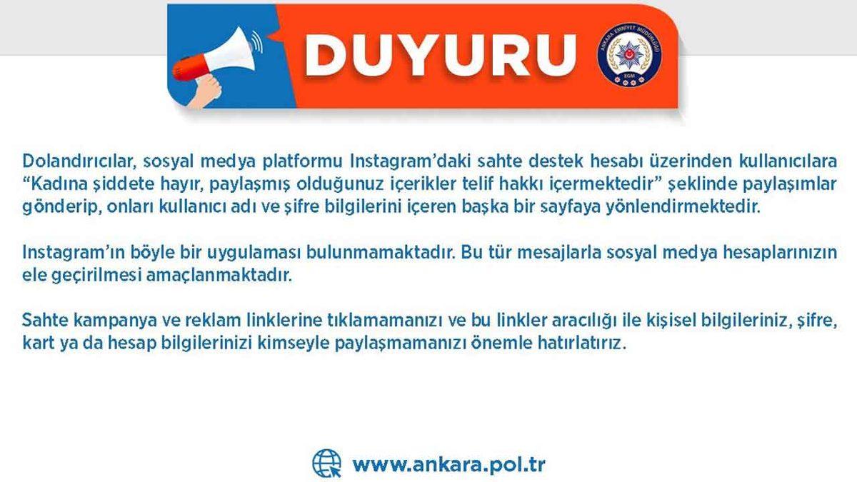 Emniyetten Instagram Dolandırıcılarının ’Kadına Şiddete Hayır’ Paylaşımları Hakkında Uyarı