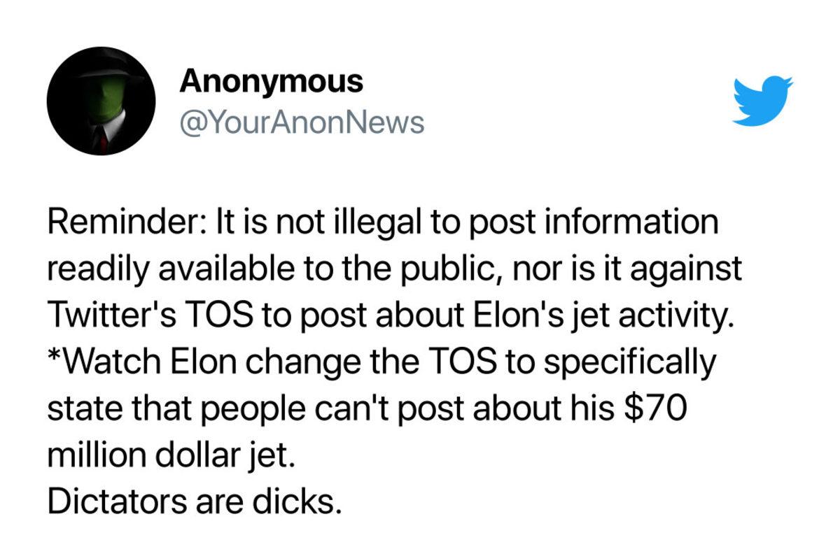 Jetini Takip Eden Hesabı Banlayan Elon Musk’a Anonymous’tan Cevap Geldi: “Diktatörler Pisliktir”