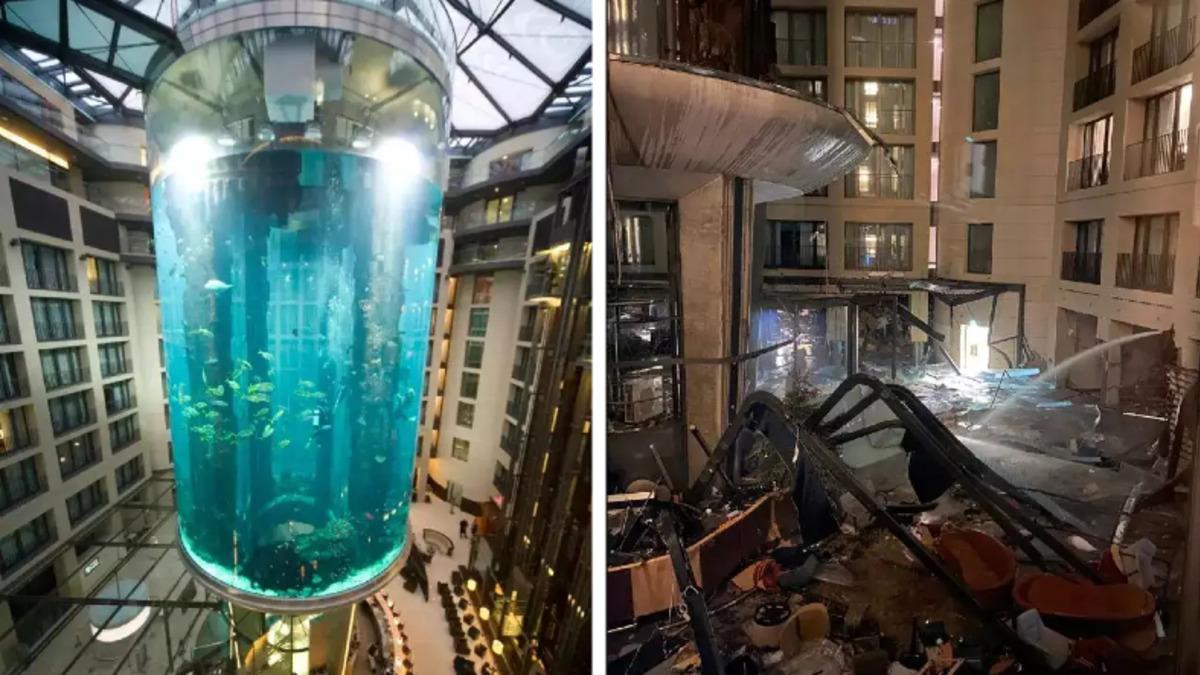 Bir Otelin İçinde Bulunan Dünyanın En Büyük Silindirik Akvaryumu Patladı, 1500 Balık Etrafa Saçıldı [Video]