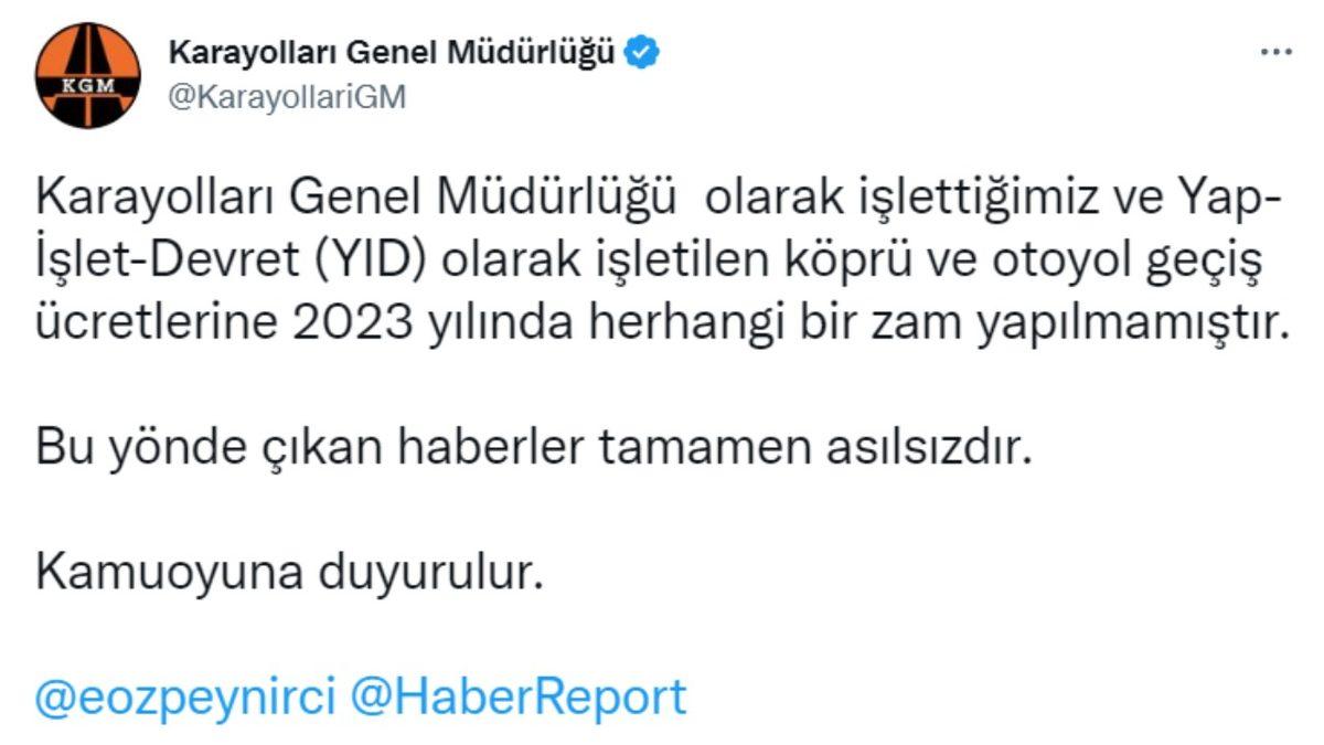 Köprü ve Otoyol Geçiş Zammı Haberleri Hakkında Karayolları Genel Müdürlüğü’nden Açıklama Geldi