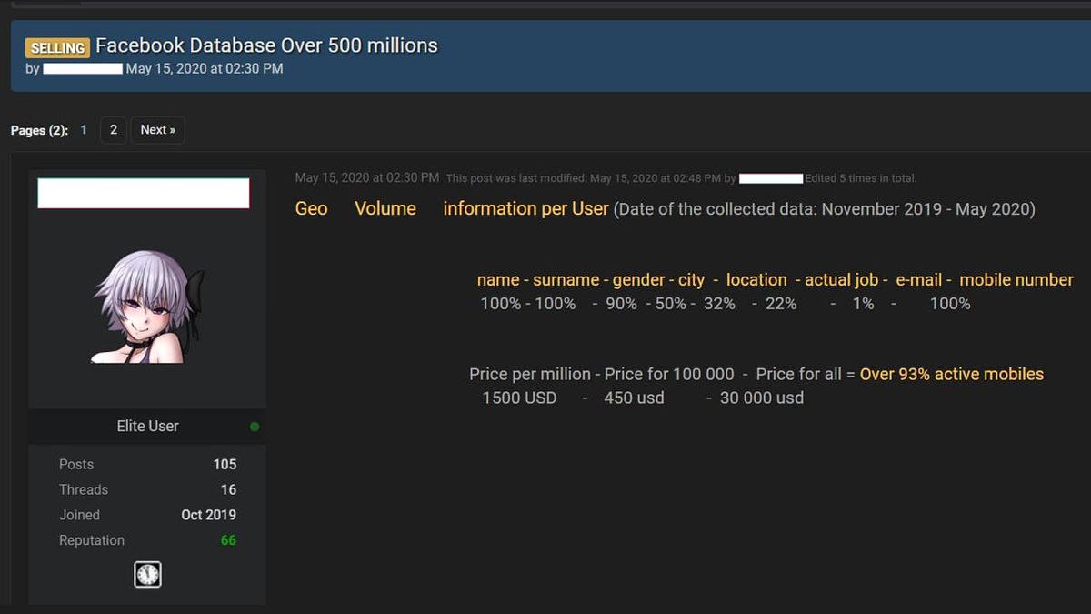 1,5 Milyar Facebook Kullanıcısının Kişisel Verileri Satışa Çıkarıldı (Kesintiden Önce)