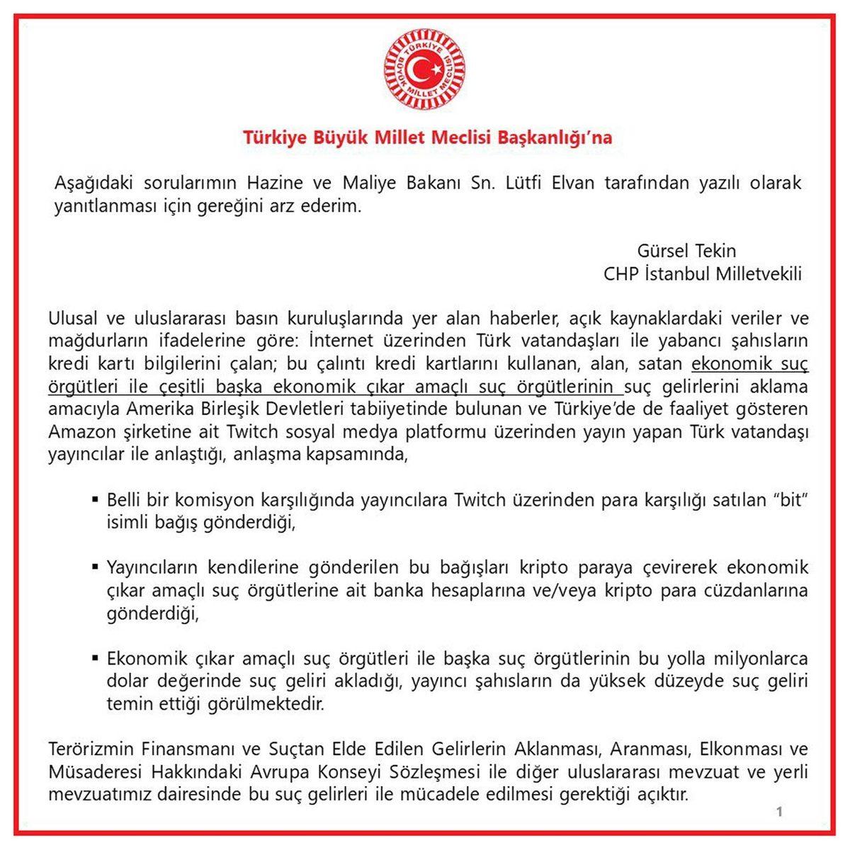 Milletvekili Gürsel Tekin, Twitch Olayları Hakkında Bakanlığa Sunduğu Önergeyi Twitter’dan Paylaştı