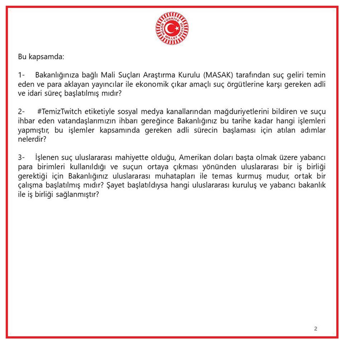 Milletvekili Gürsel Tekin, Twitch Olayları Hakkında Bakanlığa Sunduğu Önergeyi Twitter’dan Paylaştı