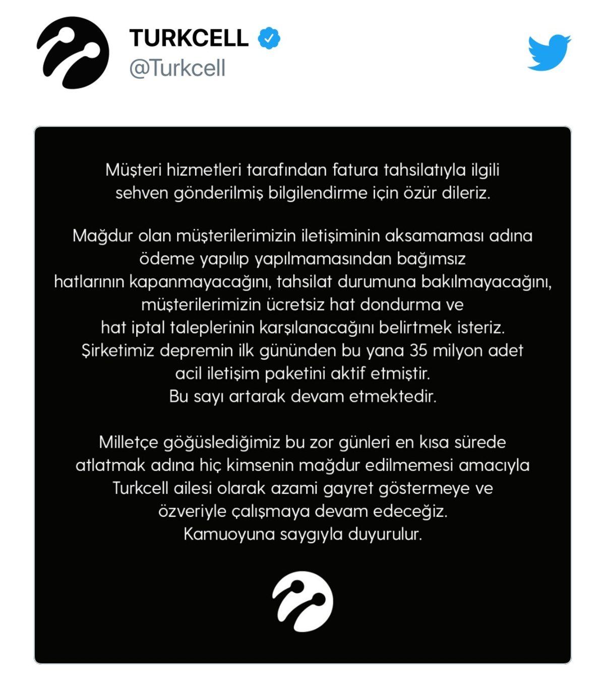 Turkcell’den Depremzedelere Gönderilen ’Fatura Tahsilatı’ Mesajı Hakkında Açıklama