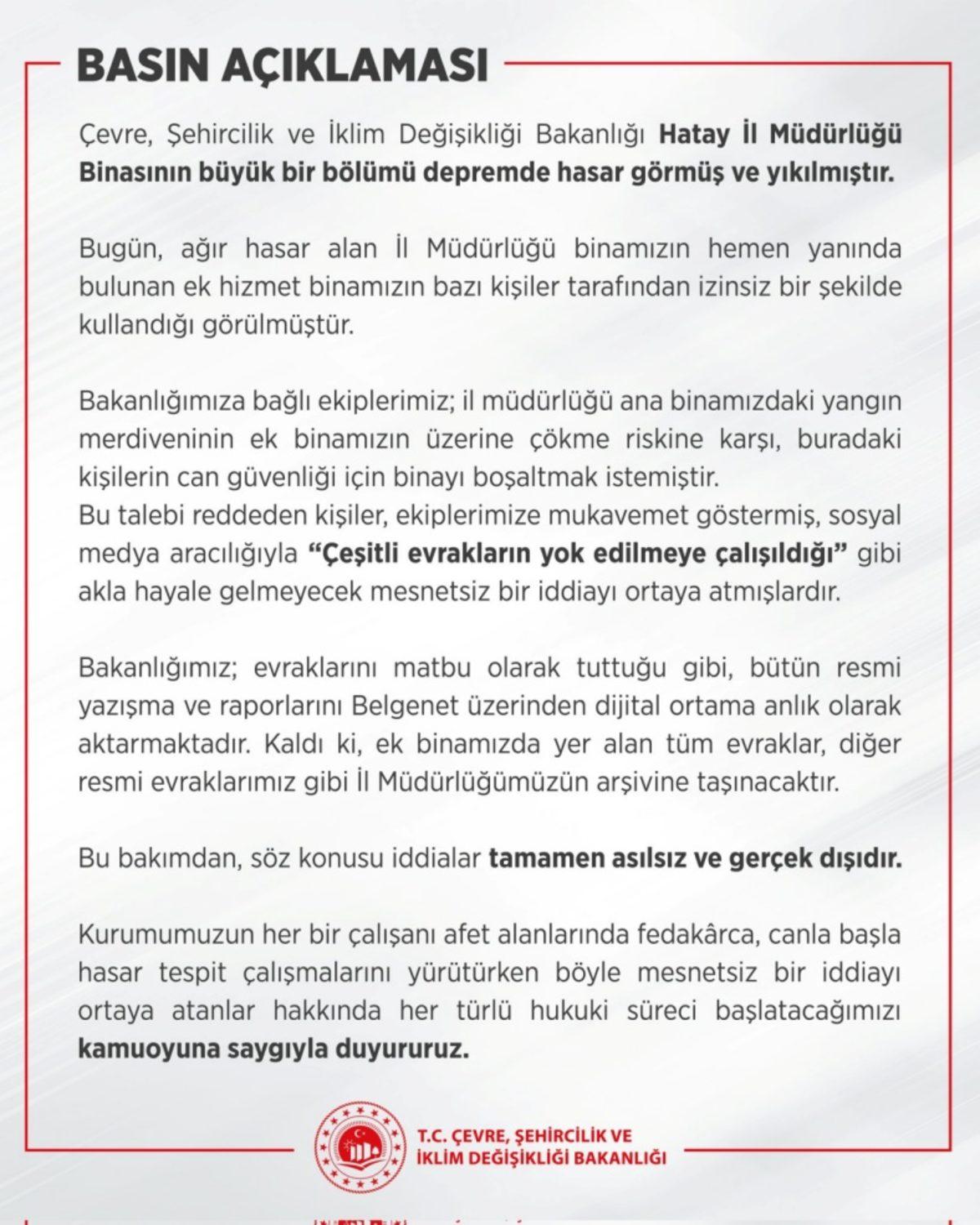 Hatay’da Delil Karartma Şüphesi Hakkında Çevre ve Şehircilik Bakanlığından Açıklama