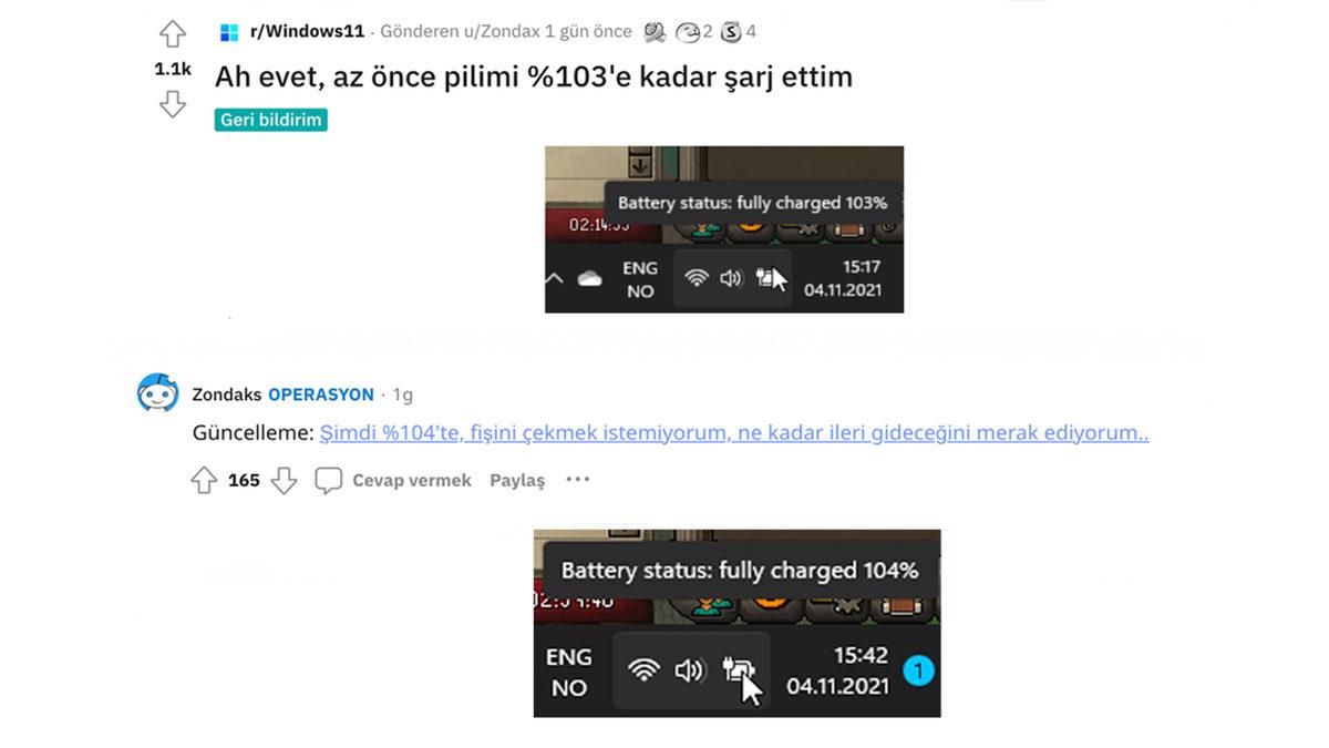 Nur Topu Gibi Bir Windows 11 Hatası: Bir Kullanıcının Bataryası %104 Şarj Edildi