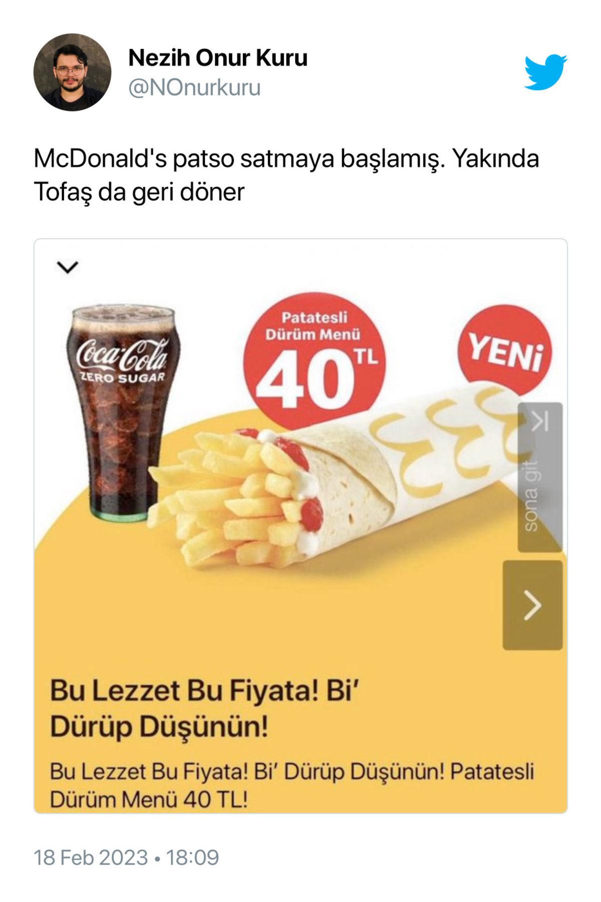 McDonald’s’ın 80 TL’ye ‘Patates Dürüm Menü’ Satmaya Başlamasını Konuşmamız Gerek: İşte Sosyal Medyadan Gelen Tepkiler...