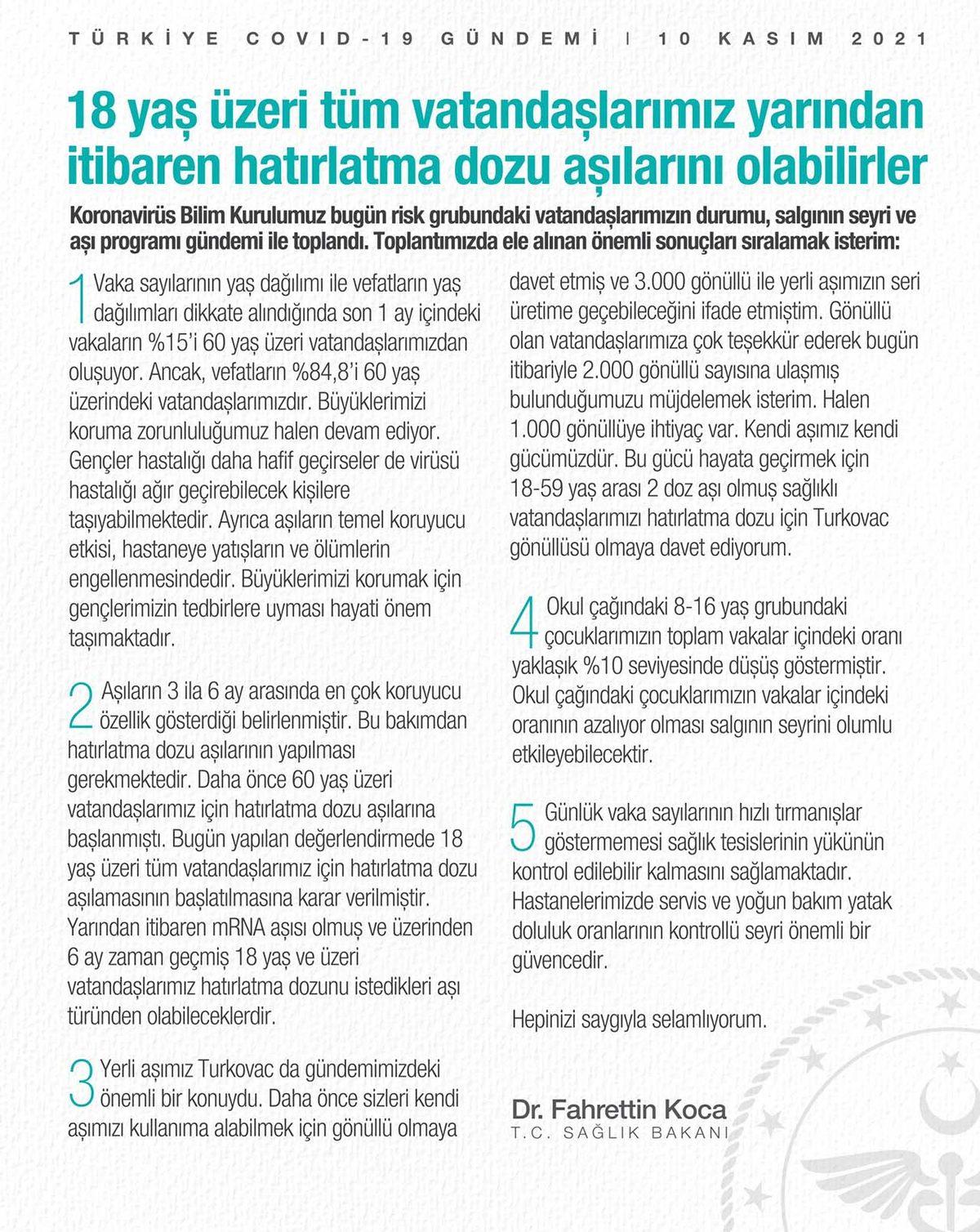 Fahrettin Koca’dan Üçüncü Doz Açıklaması: Yarından İtibaren 18 Yaş Üstü Herkes Olabilecek