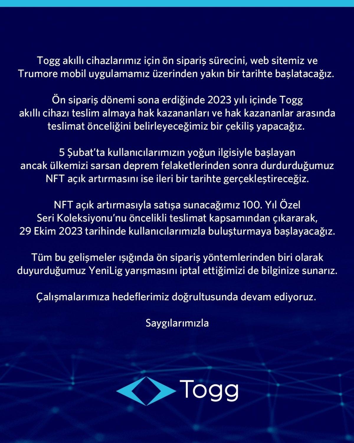 Togg’dan Depremden Dolayı Ertelenen Ön Sipariş Süreci Hakkında Açıklama