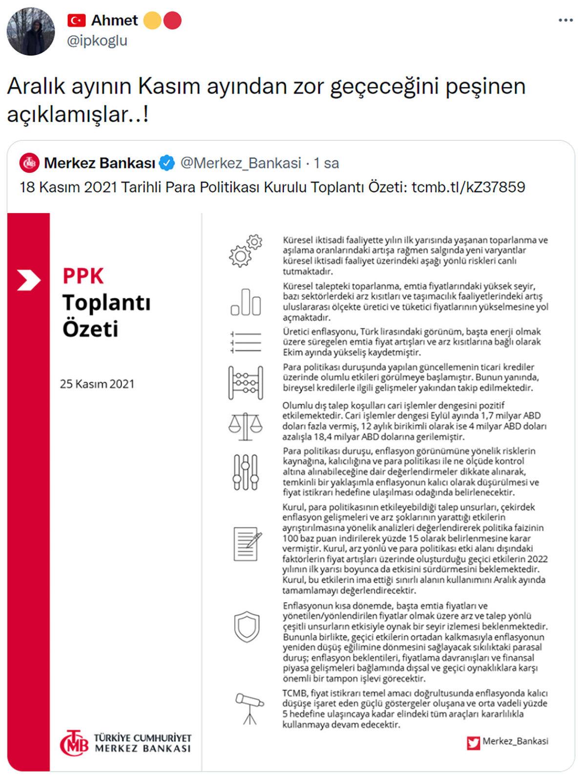 Merkez Bankası’ndan Faizin Aralık Ayında da Düşürülebileceğini Gösteren Açıklama