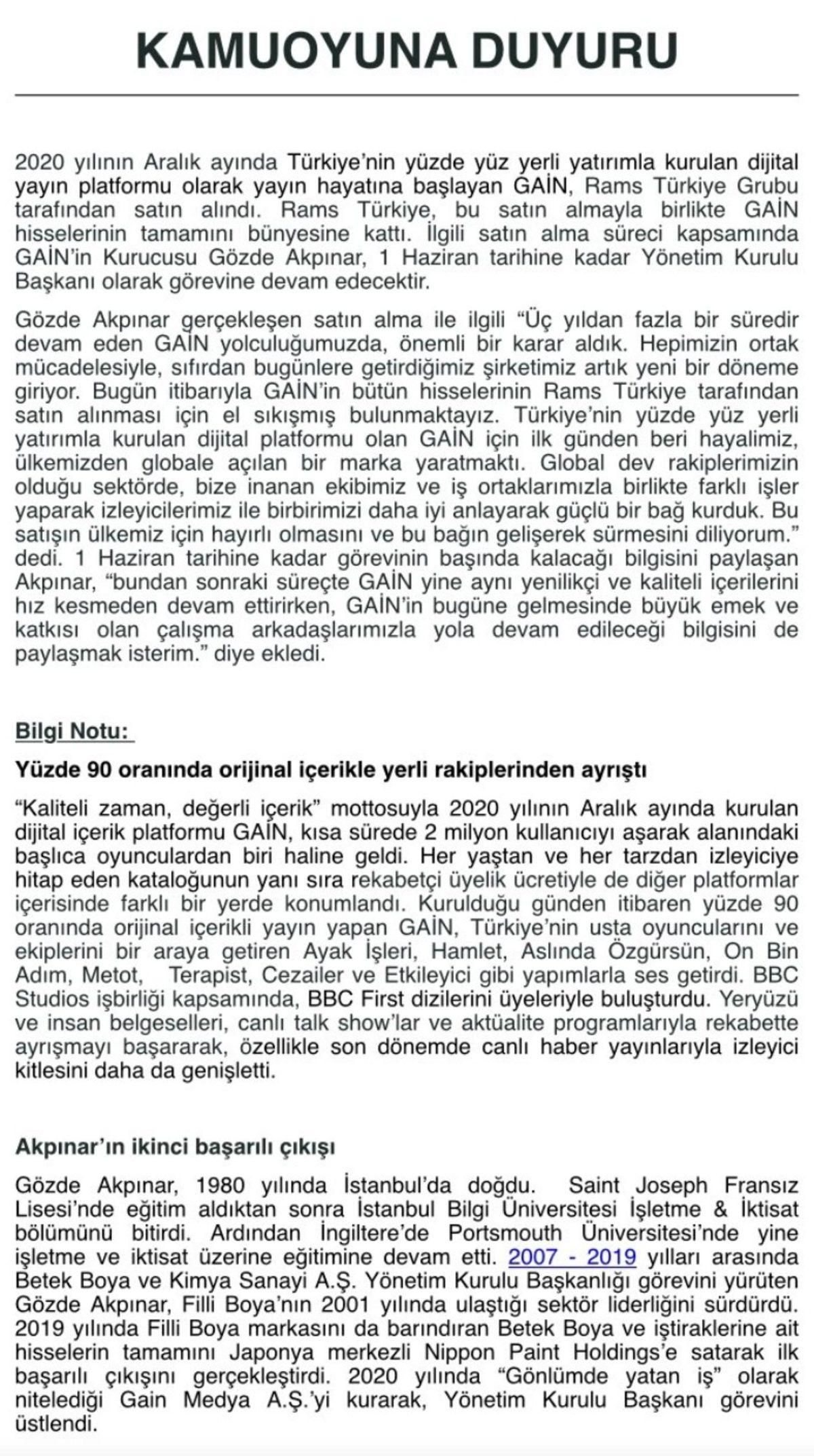 Yerli Dizi ve Film Platformu Gain, Resmen Satıldı: İşte Resmi Açıklama