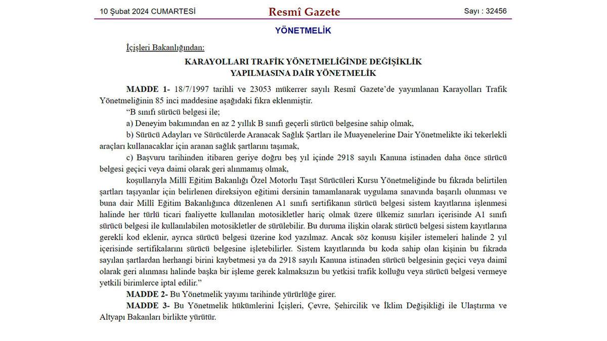 Otomobil Ehliyeti ile 125cc’ye Kadar Motosiklet Kullanılmasını Sağlayan Karar, Resmî Gazete’de Yayımlandı