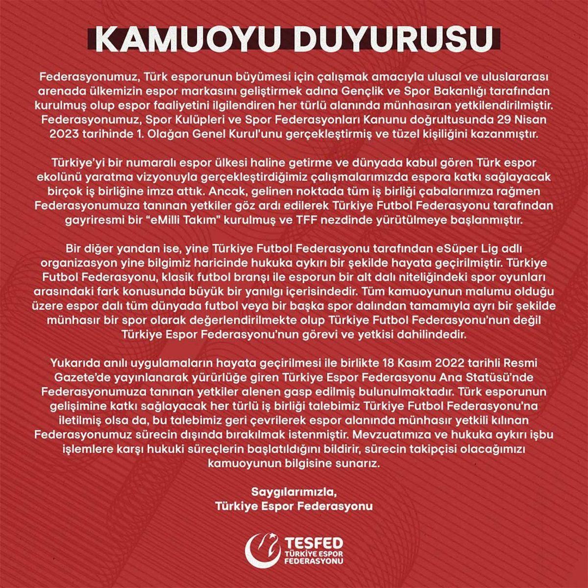 Türkiye Espor Federasyonu, TFF’ye 