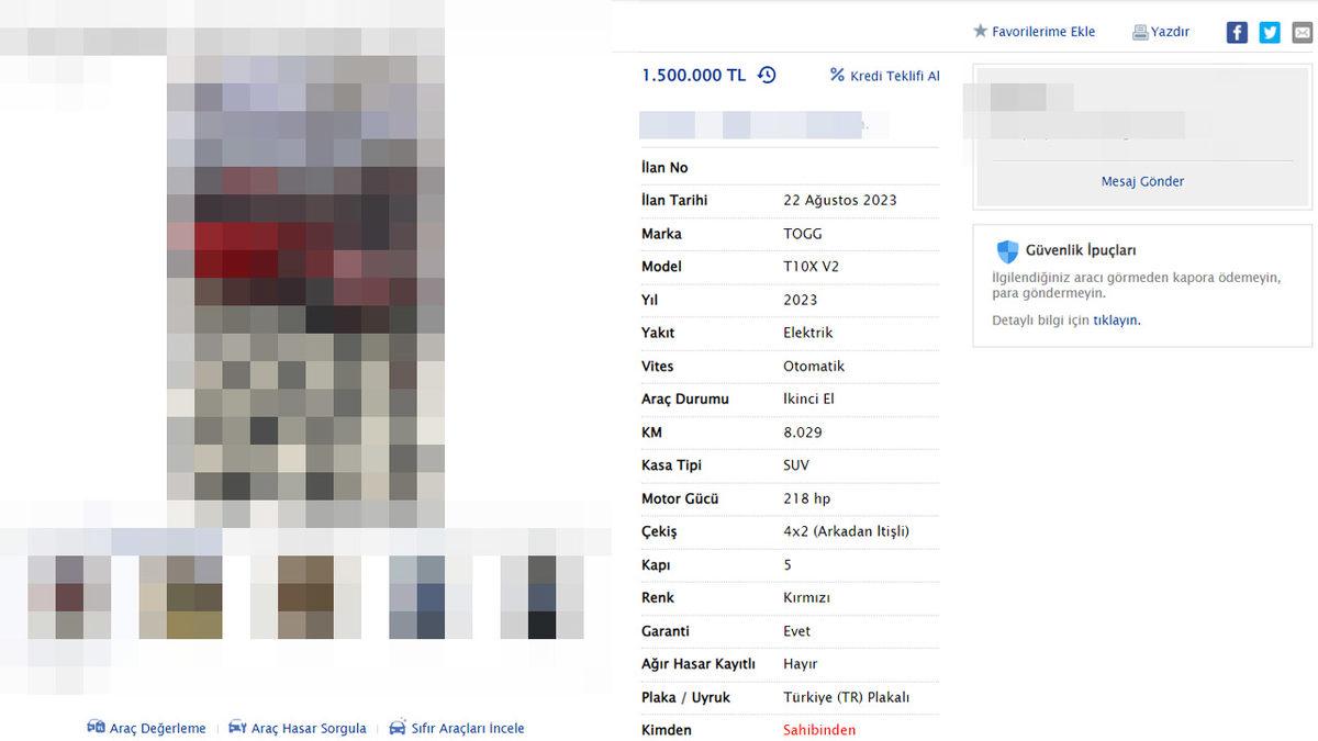 Togg T10X, İlan Sitelerinde 