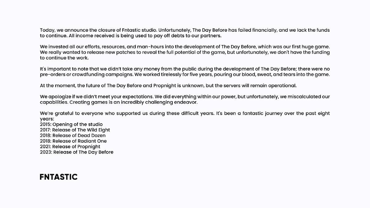 Eleştiri Yağmuruna Tutulan The Day Before’un Geliştiricisi, Oyun Çıktıktan 4 Gün Sonra Kapandığını Açıkladı