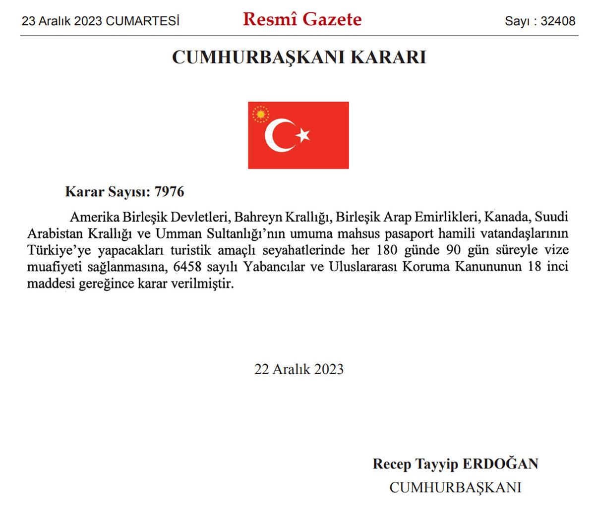 İçinde ABD ve Suudi Arabistan’ın Yer Aldığı 6 Ülke İçin Vize Muafiyeti Kararı, Resmî Gazete’de Yayımlandı