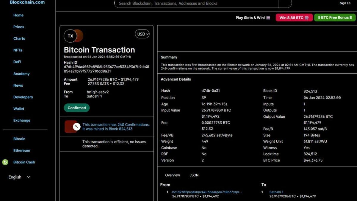 Gizemli Biri, Satoshi Nakamoto’nun 14 Yıldır Hareketsiz Olan Cüzdanına 1,2 Milyon Dolar Gönderdi