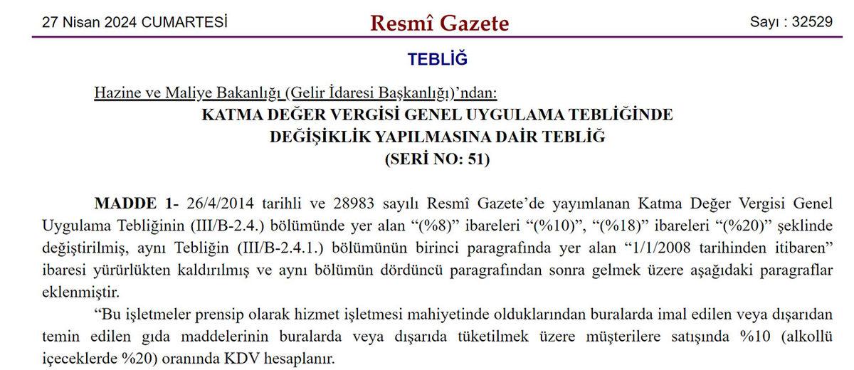 Kafe ve Restoranlarda Yüzde 1 KDV Oranı Alınmasının Önüne Geçecek Düzenleme, Resmî Gazete’de Yayımlandı