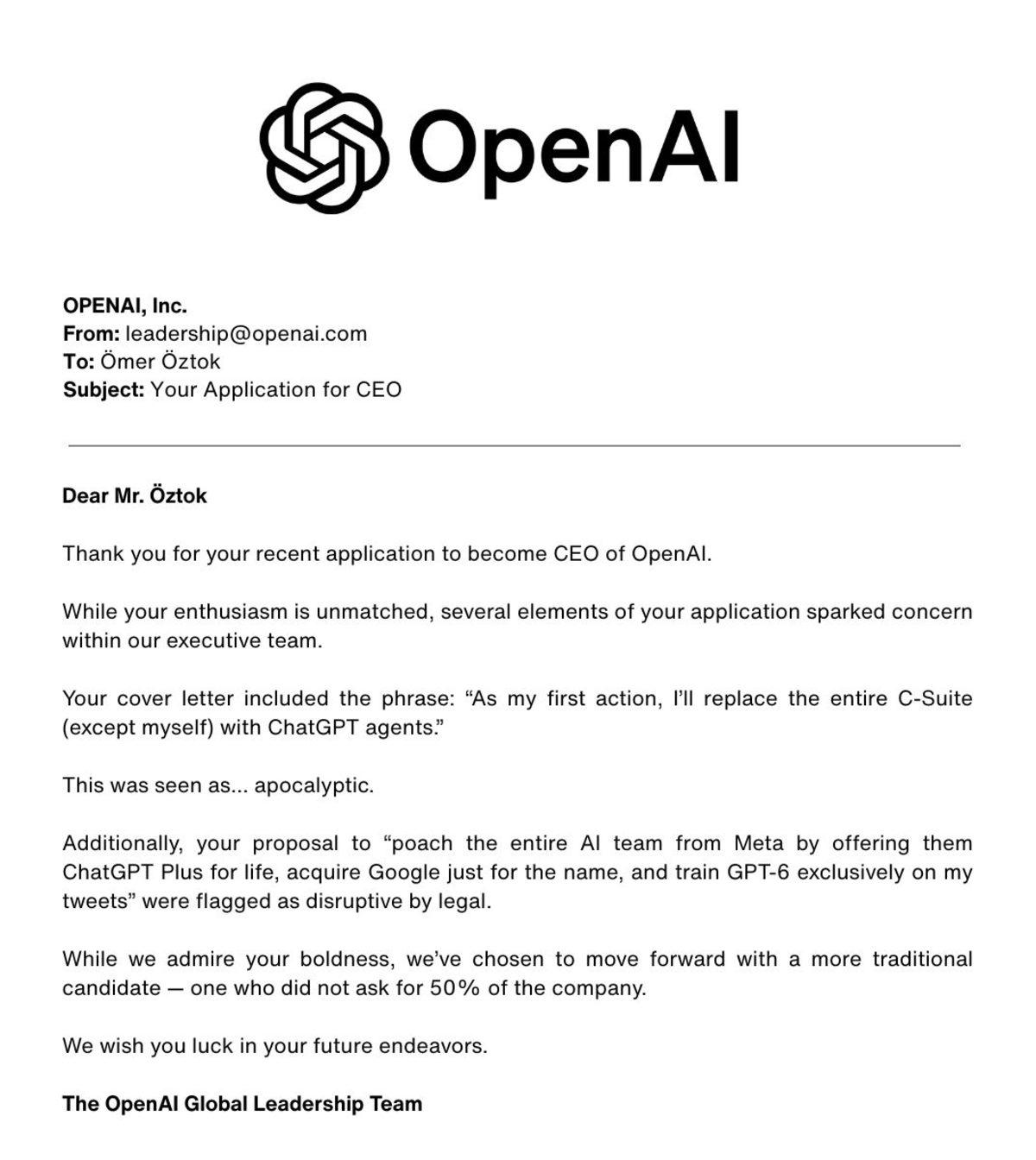 Bir Türk’ün OpenAI CEO’su Olmak İçin Yaptığı Başvuru ve OpenAI’dan Aldığı Yanıt Viral Oldu: Ama Hemen İnanmayın!