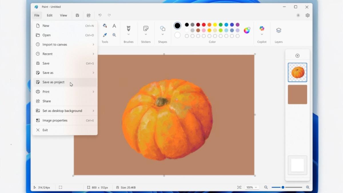 Microsoft Paint çalışmaları, Photoshop'taki gibi "proje" olarak kaydedilebilecek