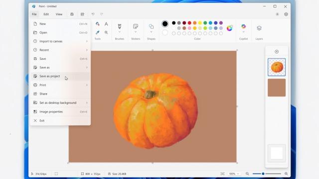 Microsoft Paint çalışmaları, Photoshop'taki gibi "proje" olarak kaydedilebilecek